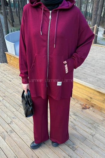 Lamelif Fermuarlı Kapüşonlu Oysho Takım Bordo