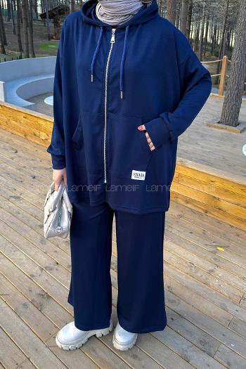 Lamelif Fermuarlı Kapüşonlu Oysho Takım Lacivert