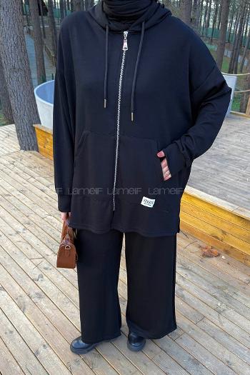 Lamelif Fermuarlı Kapüşonlu Oysho Takım Siyah