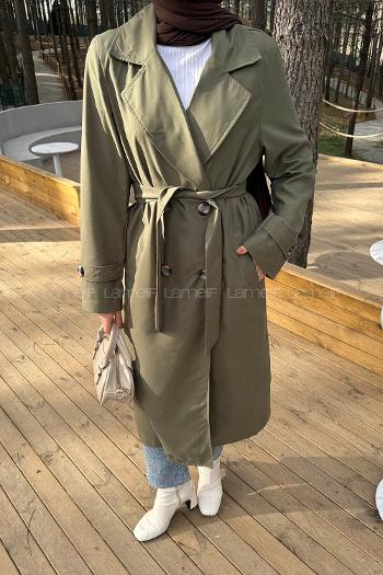 Dark Green Long Arm Belted Cotton Trench Coat