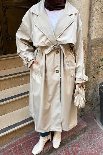 Lamelif Kruvaze Oversize Trenç Taş Rengi