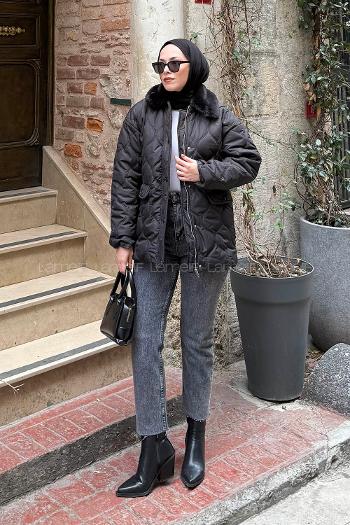 Lamelif Kürk Yaka Şişme Mont Siyah