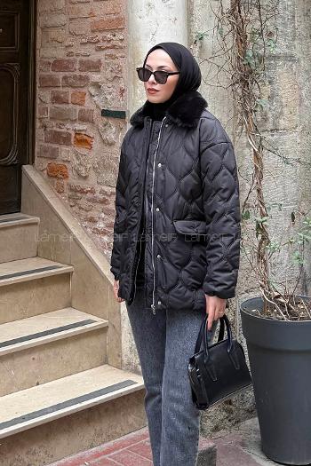 Lamelif Kürk Yaka Şişme Mont Siyah