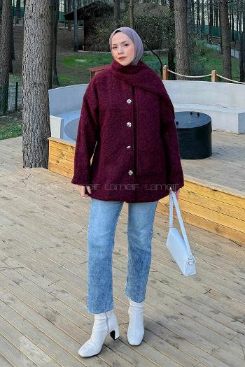 Lamelif Sakal Kumaş Atkılı Kaban Bordo