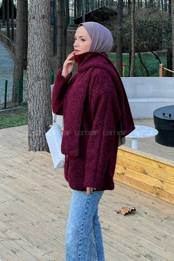 Lamelif Sakal Kumaş Atkılı Kaban Bordo