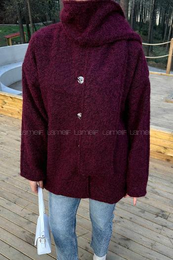 Lamelif Sakal Kumaş Atkılı Kaban Bordo