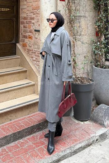 Lamelif Uzun Apoletli Trenç Füme