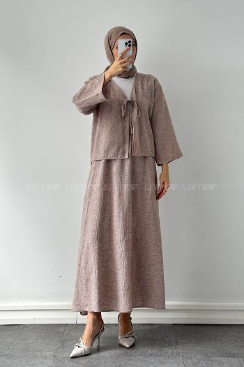 Lamelif Bağlama Detaylı Etekli Tesettür Takım Kahve