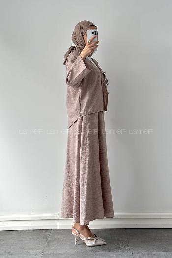 Lamelif Bağlama Detaylı Etekli Tesettür Takım Kahve