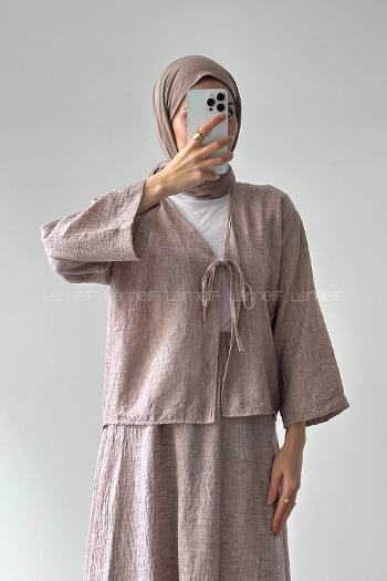 Lamelif Bağlama Detaylı Etekli Tesettür Takım Kahve