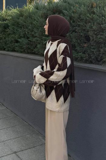 Lamelif Baklava Desen Triko Kazak Kahverengi