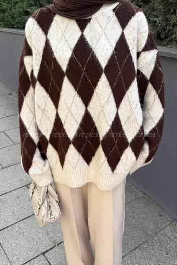 Lamelif Baklava Desen Triko Kazak Kahverengi