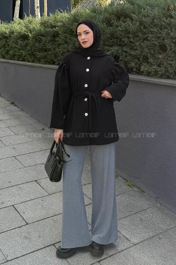 Lamelif Bel Lastikli Bağlama Detaylı Ceket Siyah