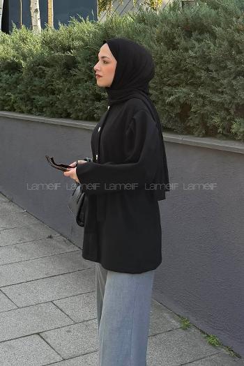 Lamelif Bel Lastikli Bağlama Detaylı Ceket Siyah