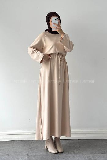 Beige Crew Neck Cotton Lycra Dresess