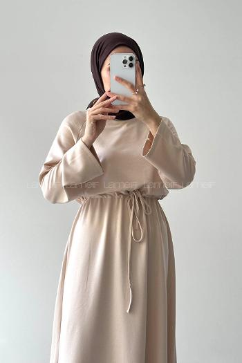 Beige Crew Neck Cotton Lycra Dresess