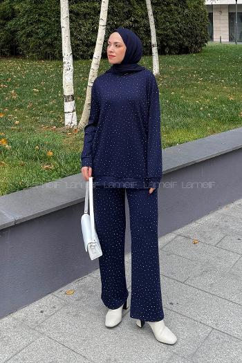 Lamelif Bisiklet Yaka Taş Detaylı Takım Lacivert