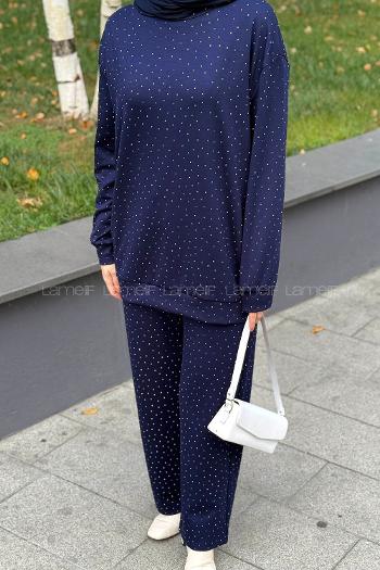 Lamelif Bisiklet Yaka Taş Detaylı Takım Lacivert