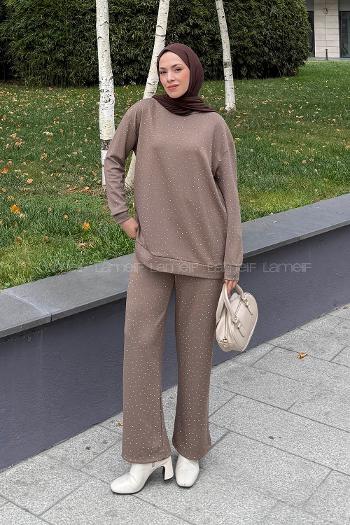 Lamelif Bisiklet Yaka Taş Detaylı Takım Soft Kahve