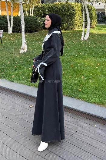 Lamelif Dantel Yaka Kot Elbise Siyah