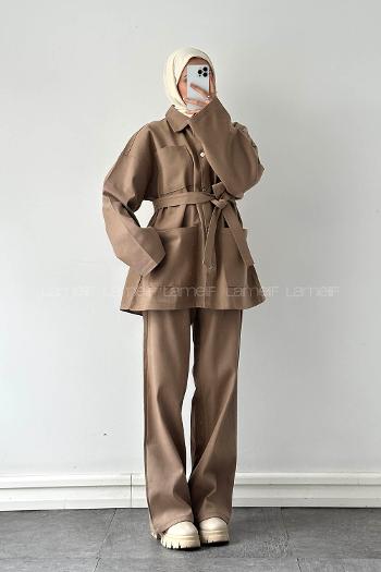 Lamelif Denim Kuşaklı Ceket-Pantolon İkili Takım Kahve