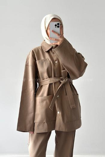 Lamelif Denim Kuşaklı Ceket-Pantolon İkili Takım Kahve