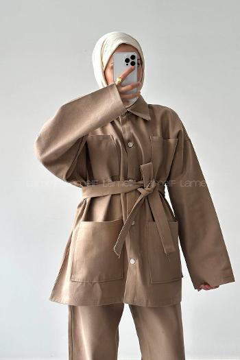 Lamelif Denim Kuşaklı Ceket-Pantolon İkili Takım Kahve