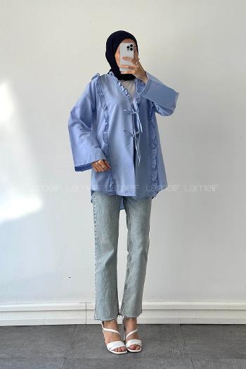 Lamelif Fırfır Detaylı Bağlamalı Tesettür Gömlek Mavi