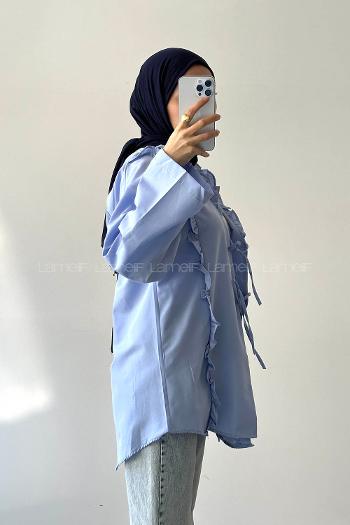 Lamelif Fırfır Detaylı Bağlamalı Tesettür Gömlek Mavi
