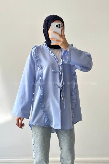 Lamelif Fırfır Detaylı Bağlamalı Tesettür Gömlek Mavi