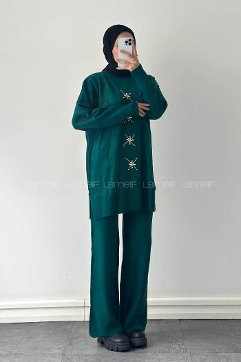 Emerald Green Neckband Long Arm Acrylic Regular Trousers Comfortable Suit