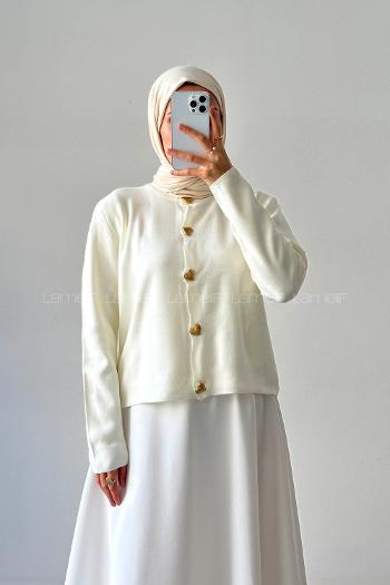 Ecru Neckband Long Arm Knitwear Cardigan