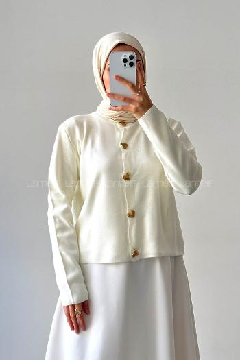 Ecru Neckband Long Arm Knitwear Cardigan