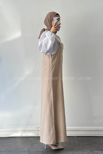 Lamelif Kanguru Cepli Tesettür Elbise Krem