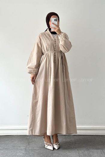 Lamelif Nervürlü Vual Tesettür Elbise Taş Rengi