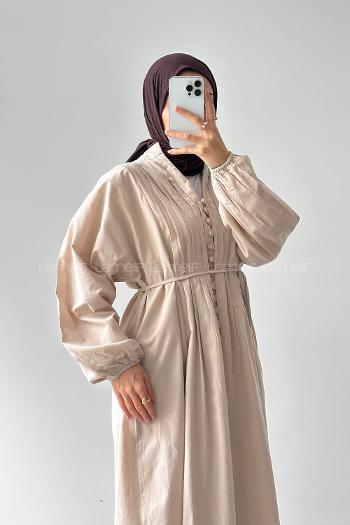 Lamelif Nervürlü Vual Tesettür Elbise Taş Rengi