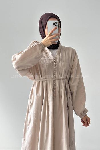 Lamelif Nervürlü Vual Tesettür Elbise Taş Rengi