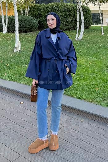 Lamelif Omuz Apoletli Kısa Trençkot Lacivert