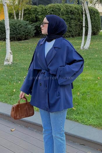 Lamelif Omuz Apoletli Kısa Trençkot Lacivert