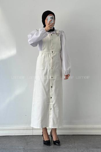 Lamelif Önü Boydan Düğmeli Salopet Kırık Beyaz