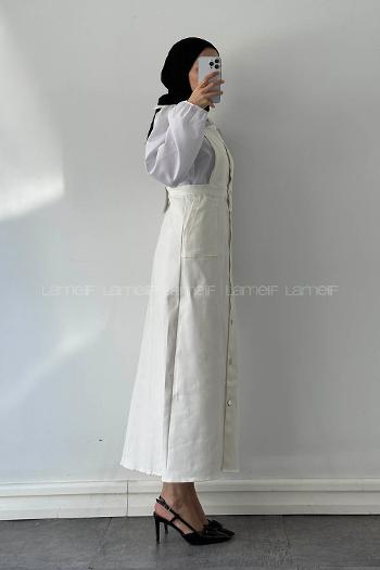 Lamelif Önü Boydan Düğmeli Salopet Kırık Beyaz