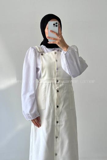 Lamelif Önü Boydan Düğmeli Salopet Kırık Beyaz