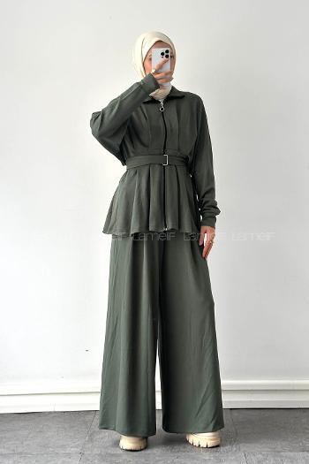 Khaki Neckband Long Arm Viscose Fabric Modal Regular Trousers Comfortable Suit