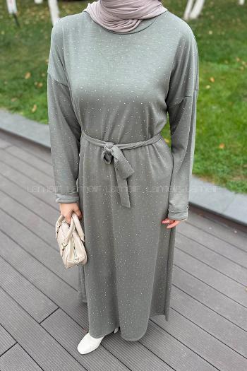 Khaki Crew Neck Cotton Dresess