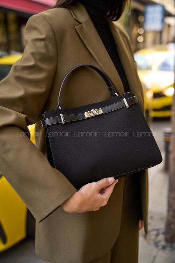 Lamelif Hermez Gold Kemer Detaylı Süet Kadın Çanta Siyah