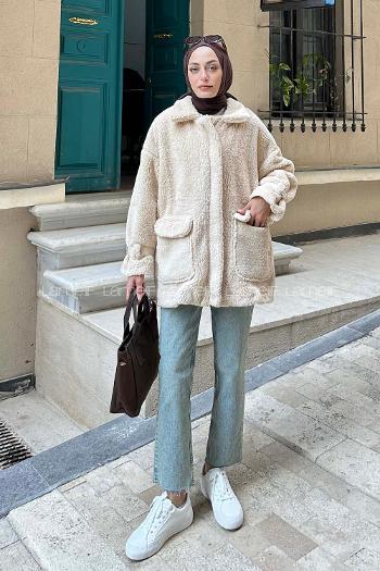 Lamelif Kol Detaylı Fermuarlı Teddy Mont Taş Rengi