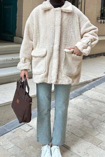 Lamelif Kol Detaylı Fermuarlı Teddy Mont Taş Rengi