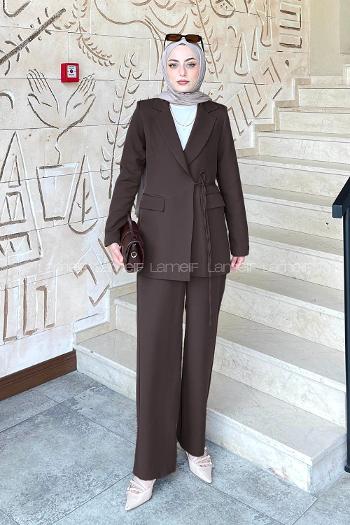 Lamelif Bağlama Detaylı Ceket Takım Acı Kahve