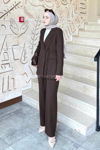 Lamelif Bağlama Detaylı Ceket Takım Acı Kahve