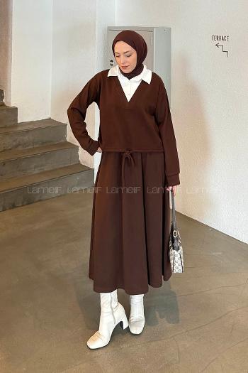 Lamelif Beyaz Yaka Triko Takım Acı Kahve